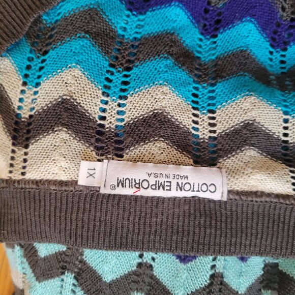 Chevron Pattern Cardigan Sweater 1x By Cotton Emporium Acrylic Knit Blue/Gray - Picture 4 of 6